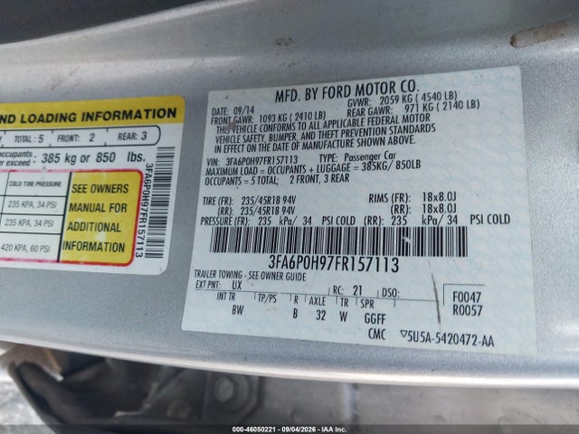 46050221 :رقم المزاد ، 3FA6P0H97FR157113 vin ، 2015 Ford Fusion Se مزاد بيع