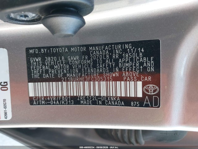 2015 Toyota Corolla Le მანქანა იყიდება აუქციონზე, vin: 2T1BURHE3FC305315, აუქციონის ნომერი: 46050234
