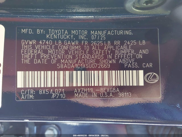 46050238 :رقم المزاد ، 58ADA1C1XSU072669 vin ، 2025 Lexus Es 300h مزاد بيع