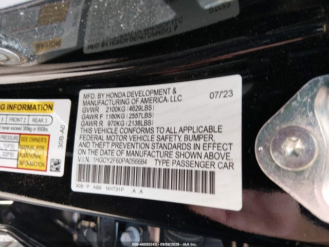 46050243 :رقم المزاد ، 1HGCY2F60PA056684 vin ، 2023 Honda Accord Hybrid Ex-l مزاد بيع
