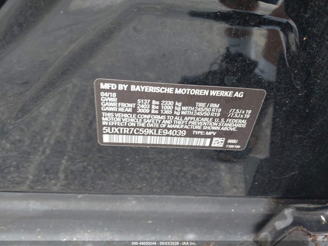 46050246 :رقم المزاد ، 5UXTR7C59KLE94039 vin ، 2019 Bmw X3 Sdrive30i مزاد بيع