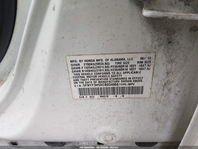 Продажа на аукционе авто 2012 Honda Pilot Ex-l, vin: 5FNYF3H5XCB034066, номер лота: 46050254