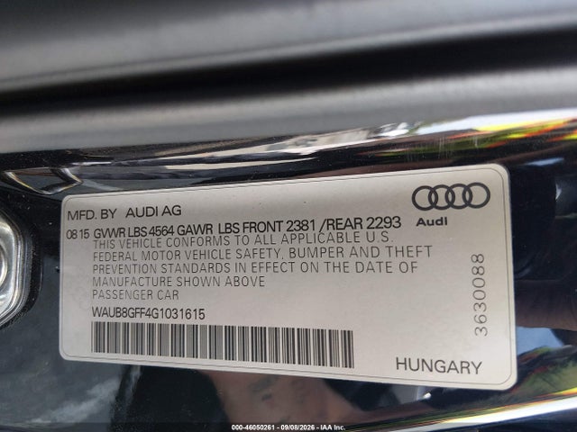 2016 Audi A3 2.0t Premium მანქანა იყიდება აუქციონზე, vin: WAUB8GFF4G1031615, აუქციონის ნომერი: 46050261