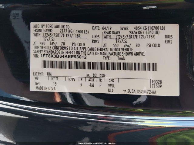 46050264 :رقم المزاد ، 1FT8X3B64KEE93012 vin ، 2019 Ford F-350 Xl مزاد بيع