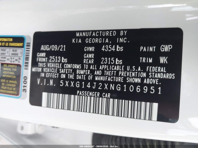 Aukcja sprzedaży 2022 Kia K5 Lxs, vin: 5XXG14J2XNG106951, numer aukcji: 46050267