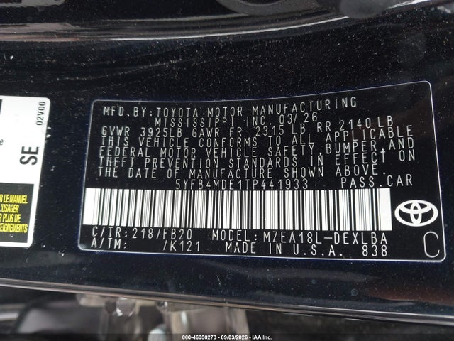 5YFB4MDE1TP441933 Toyota COROLLA LE