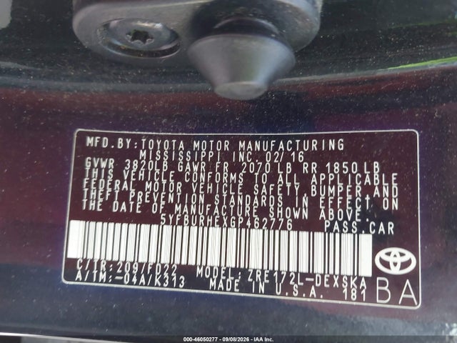 46050277 :رقم المزاد ، 5YFBURHEXGP462776 vin ، 2016 Toyota Corolla S Plus مزاد بيع