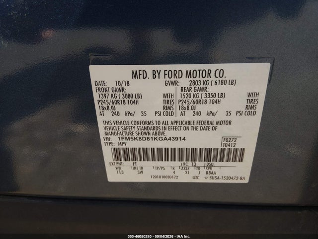 2019 Ford Explorer Xlt მანქანა იყიდება აუქციონზე, vin: 1FM5K8D81KGA43914, აუქციონის ნომერი: 46050280