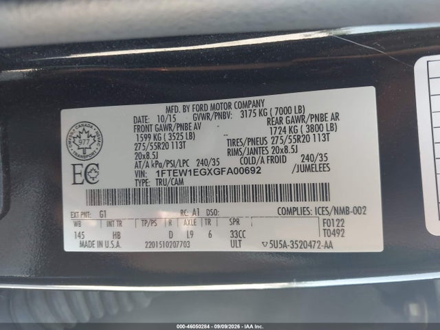 Aukcja sprzedaży 2016 Ford F-150 Lariat, vin: 1FTEW1EGXGFA00692, numer aukcji: 46050284
