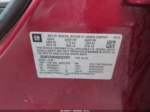 Chevrolet EQUINOX LT 2016 2GNFLFEK9G6327567 Image 9