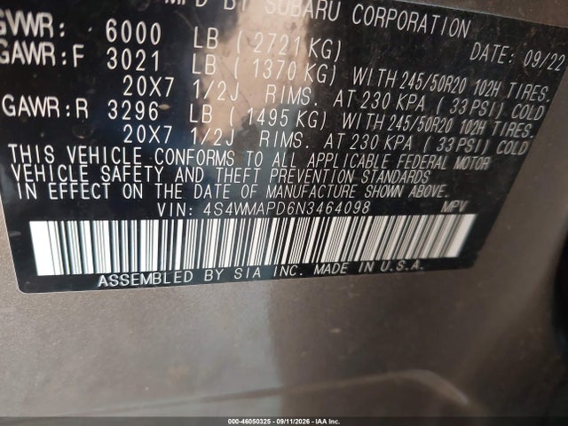 Aukcja sprzedaży 2022 Subaru Ascent Limited, vin: 4S4WMAPD6N3464098, numer aukcji: 46050325