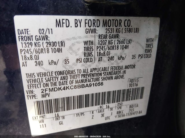 Продажа на аукционе авто 2011 Ford Edge Limited, vin: 2FMDK4KC8BBA91056, номер лота: 46050335