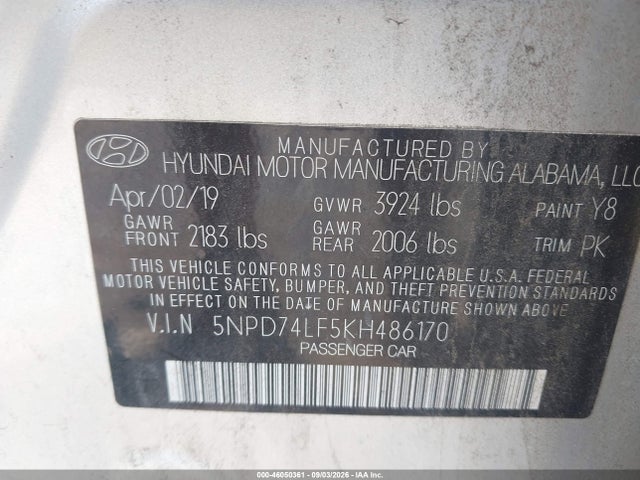 2019 Hyundai Elantra Se მანქანა იყიდება აუქციონზე, vin: 5NPD74LF5KH486170, აუქციონის ნომერი: 46050361