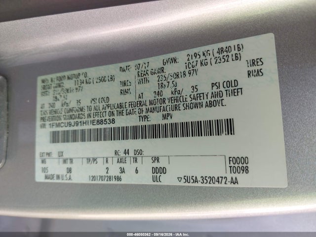 Продаж на аукціоні авто 2017 Ford Escape Titanium, vin: 1FMCU9J91HUE88538, номер лоту: 46050362