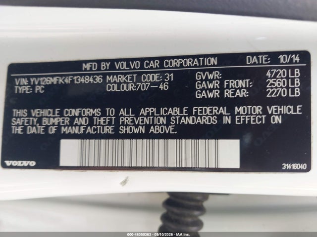 2015 Volvo S60 T5 Premier მანქანა იყიდება აუქციონზე, vin: YV126MFK4F1348436, აუქციონის ნომერი: 46050363