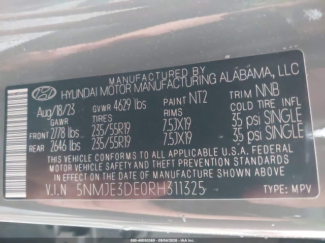 Aukcja sprzedaży 2024 Hyundai Tucson Limited, vin: 5NMJE3DE0RH311325, numer aukcji: 46050369