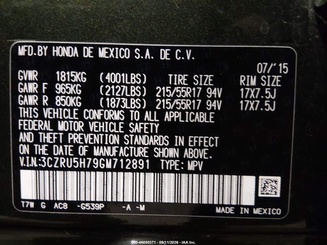 Aukcja sprzedaży 2016 Honda Hr-v Ex-l, vin: 3CZRU5H79GM712891, numer aukcji: 46050371