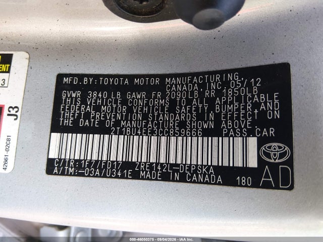 Продаж на аукціоні авто 2012 Toyota Corolla S, vin: 2T1BU4EE3CC859666, номер лоту: 46050375