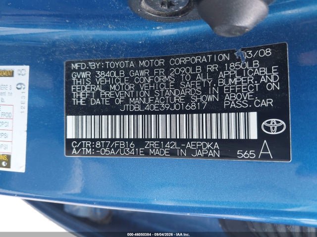 Aukcja sprzedaży 2009 Toyota Corolla Le, vin: JTDBL40E39J016817, numer aukcji: 46050384