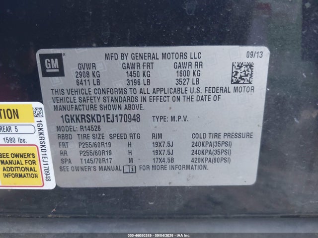 46050389 :رقم المزاد ، 1GKKRSKD1EJ170948 vin ، 2014 Gmc Acadia Slt مزاد بيع