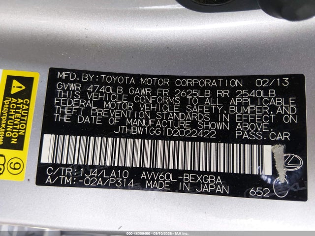 46050400 :رقم المزاد ، JTHBW1GG1D2022422 vin ، 2013 Lexus Es 300h مزاد بيع