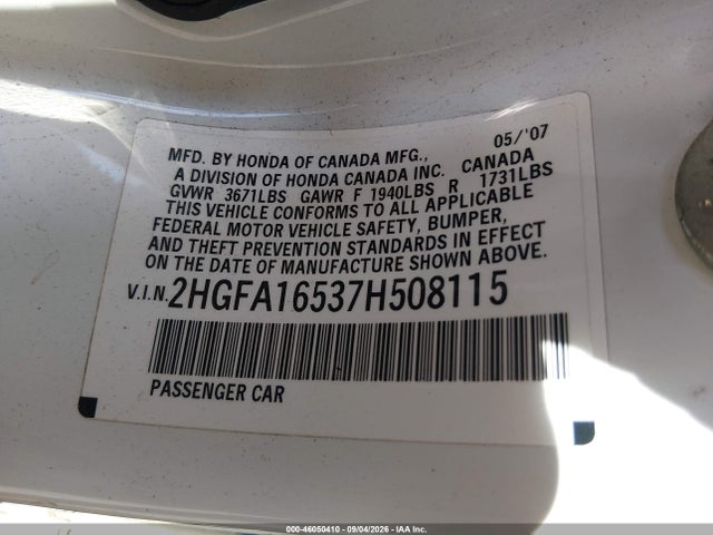 Продаж на аукціоні авто 2007 Honda Civic Lx, vin: 2HGFA16537H508115, номер лоту: 46050410