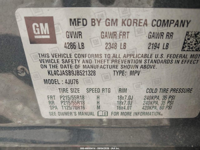 2018 Buick Encore Preferred მანქანა იყიდება აუქციონზე, vin: KL4CJASB9JB521328, აუქციონის ნომერი: 46050414