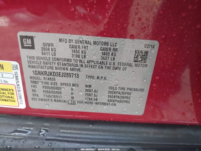 Auction sale of the 2014 Chevrolet Traverse Ltz, vin: 1GNKRJKD3EJ289713, lot number: 46050421