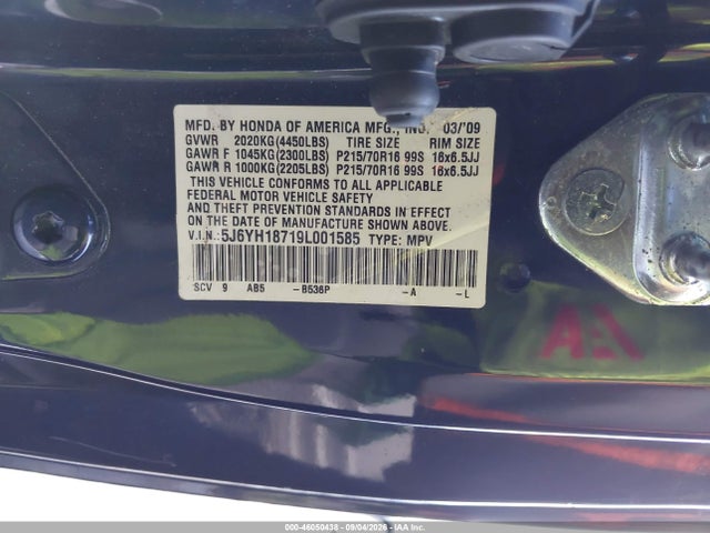 46050438 :رقم المزاد ، 5J6YH18719L001585 vin ، 2009 Honda Element Ex مزاد بيع