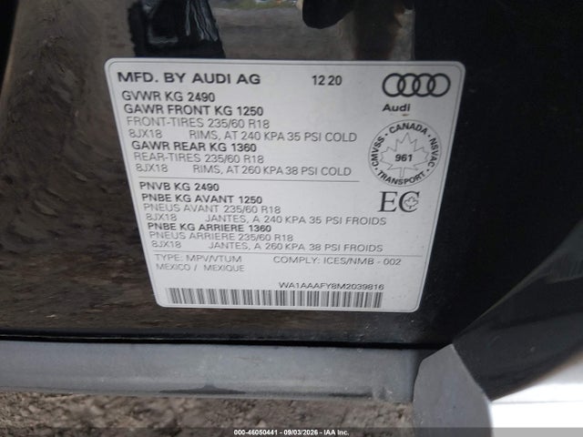 46050441 :رقم المزاد ، WA1AAAFY8M2039816 vin ، 2021 Audi Q5 Premium 45 Tfsi Quattro S Tronic مزاد بيع