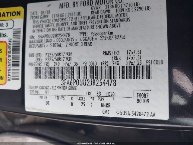 46050458 :رقم المزاد ، 3FA6P0UU2JR254478 vin ، 2018 Ford Fusion Hybrid S مزاد بيع