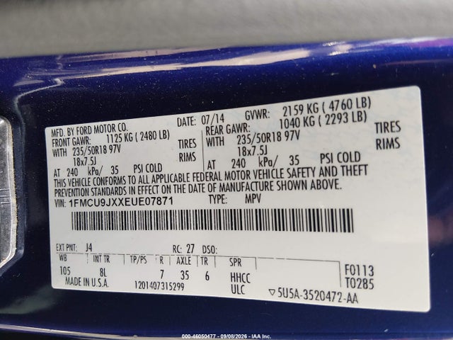 Продажа на аукционе авто 2014 Ford Escape Titanium, vin: 1FMCU9JXXEUE07871, номер лота: 46050477