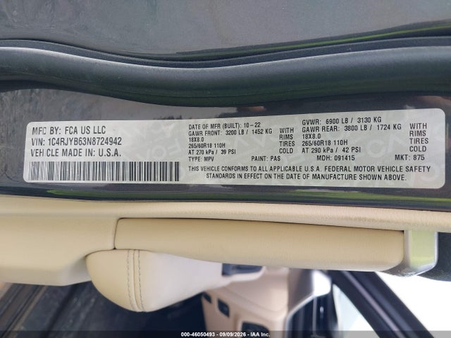 46050493 :رقم المزاد ، 1C4RJYB63N8724942 vin ، 2022 Jeep Grand Cherokee 4xe Limited 4x4 مزاد بيع