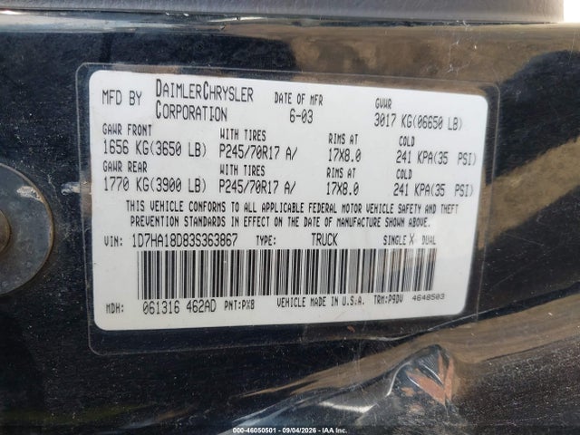 Aukcja sprzedaży 2003 Dodge Ram 1500 Slt/laramie/st, vin: 1D7HA18D83S363867, numer aukcji: 46050501
