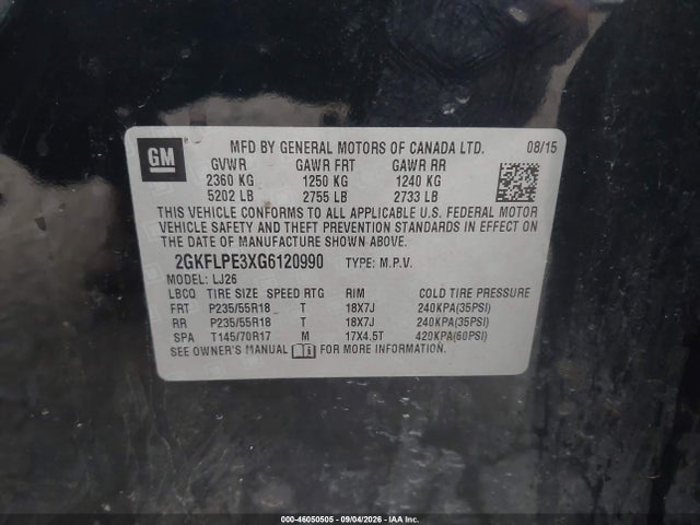 2016 Gmc Terrain Slt მანქანა იყიდება აუქციონზე, vin: 2GKFLPE3XG6120990, აუქციონის ნომერი: 46050505