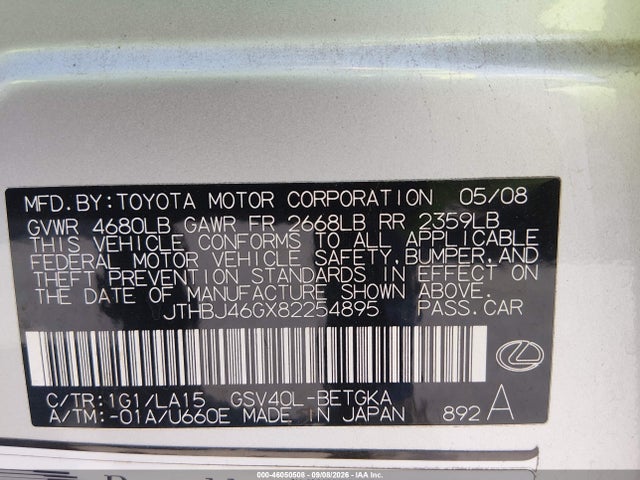 46050508 :رقم المزاد ، JTHBJ46GX82254895 vin ، 2008 Lexus Es 350 مزاد بيع