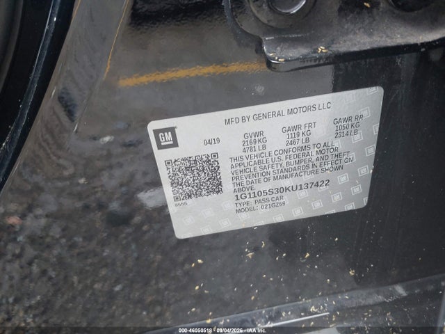 Auction sale of the 2019 Chevrolet Impala Premier, vin: 1G1105S30KU137422, lot number: 46050518