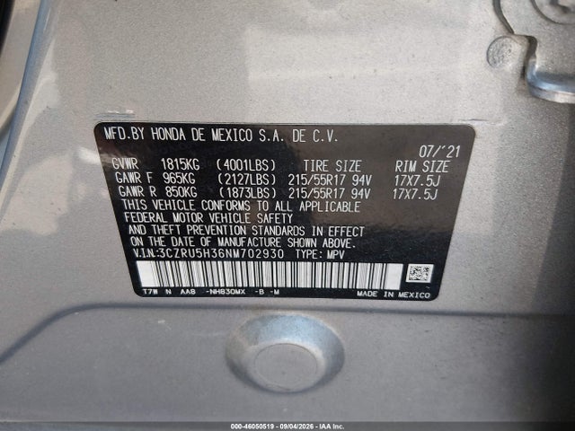 2022 Honda Hr-v 2wd Lx მანქანა იყიდება აუქციონზე, vin: 3CZRU5H36NM702930, აუქციონის ნომერი: 46050519