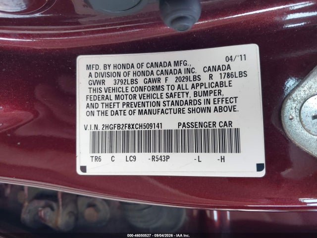 Продаж на аукціоні авто 2012 Honda Civic Ex, vin: 2HGFB2F8XCH509141, номер лоту: 46050527