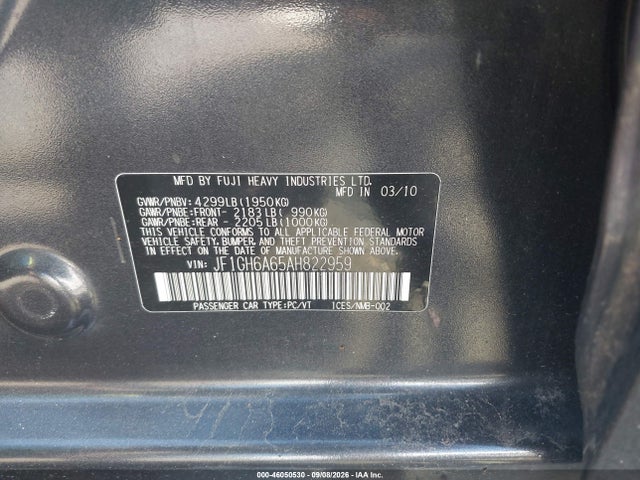 46050530 :رقم المزاد ، JF1GH6A65AH822959 vin ، 2010 Subaru Impreza 2.5i مزاد بيع