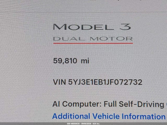 46050538 :رقم المزاد ، 5YJ3E1EB1JF072732 vin ، 2018 Tesla Model 3 Long Range/performance مزاد بيع