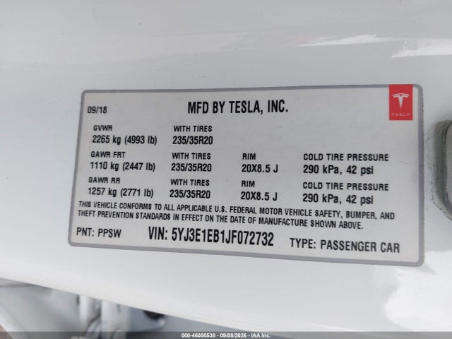 46050538 :رقم المزاد ، 5YJ3E1EB1JF072732 vin ، 2018 Tesla Model 3 Long Range/performance مزاد بيع