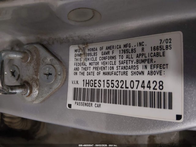 46050547 :رقم المزاد ، 1HGES15532L074428 vin ، 2002 Honda Civic Lx مزاد بيع