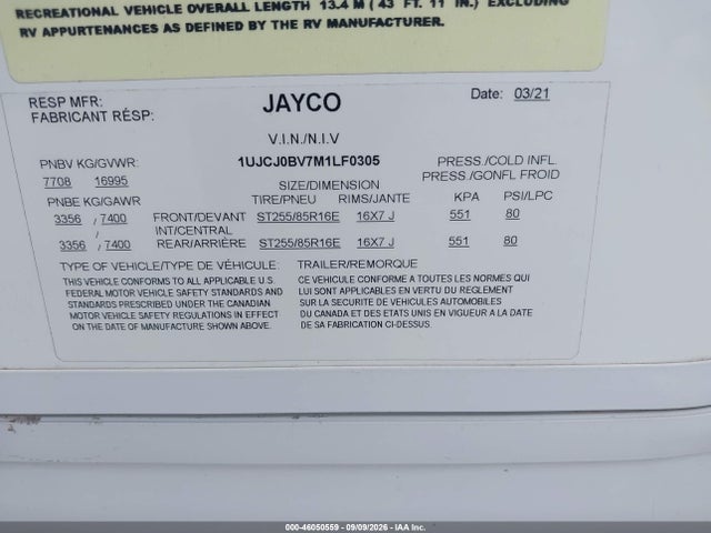 46050559 :رقم المزاد ، 1UJCJ0BV7M1LF0305 vin ، 2021 Jayco Other مزاد بيع