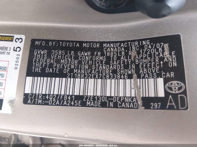 46050567 :رقم المزاد ، 2T1BR32EX7C833846 vin ، 2007 Toyota Corolla Le مزاد بيع
