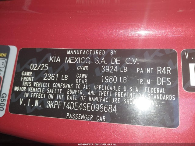 Продаж на аукціоні авто 2025 Kia K4 Lxs, vin: 3KPFT4DE4SE098684, номер лоту: 46050575