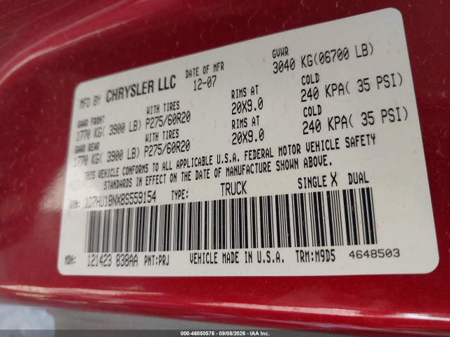 2008 Dodge Ram 1500 Slt მანქანა იყიდება აუქციონზე, vin: 1D7HU18NX8S559154, აუქციონის ნომერი: 46050576