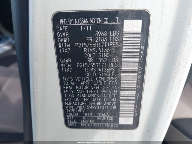 2011 Nissan Juke Sv მანქანა იყიდება აუქციონზე, vin: JN8AF5MR9BT011108, აუქციონის ნომერი: 46050580