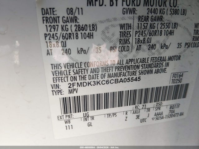 Aukcja sprzedaży 2012 Ford Edge Limited, vin: 2FMDK3KC6CBA05545, numer aukcji: 46050584