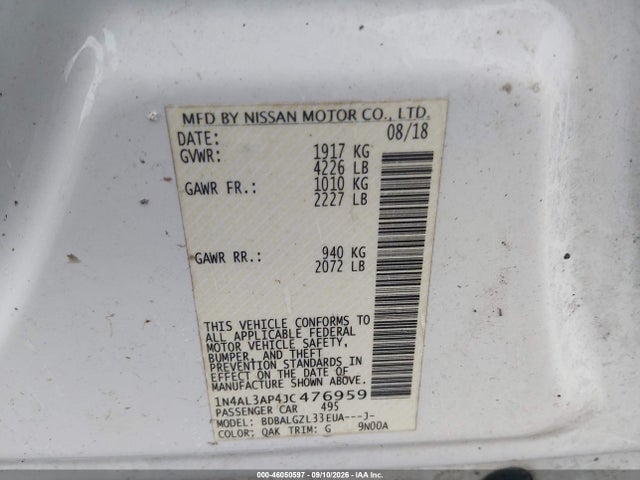 2018 Nissan Altima 2.5 S მანქანა იყიდება აუქციონზე, vin: 1N4AL3AP4JC476959, აუქციონის ნომერი: 46050597